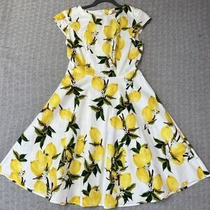 Lemon Print Fit And Flare Midi Dress Cup Sleeves Medium Fun Summer Picnic Stretc